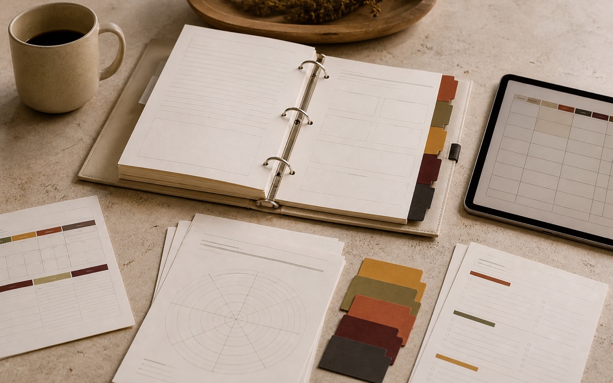 A ministry planning binder, worksheets, calendar, and spreadsheet arranged for annual planning