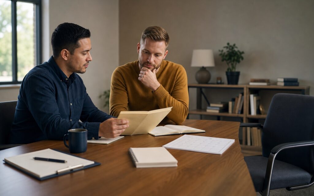 Two church leaders review a ministry transition plan beside an empty chair