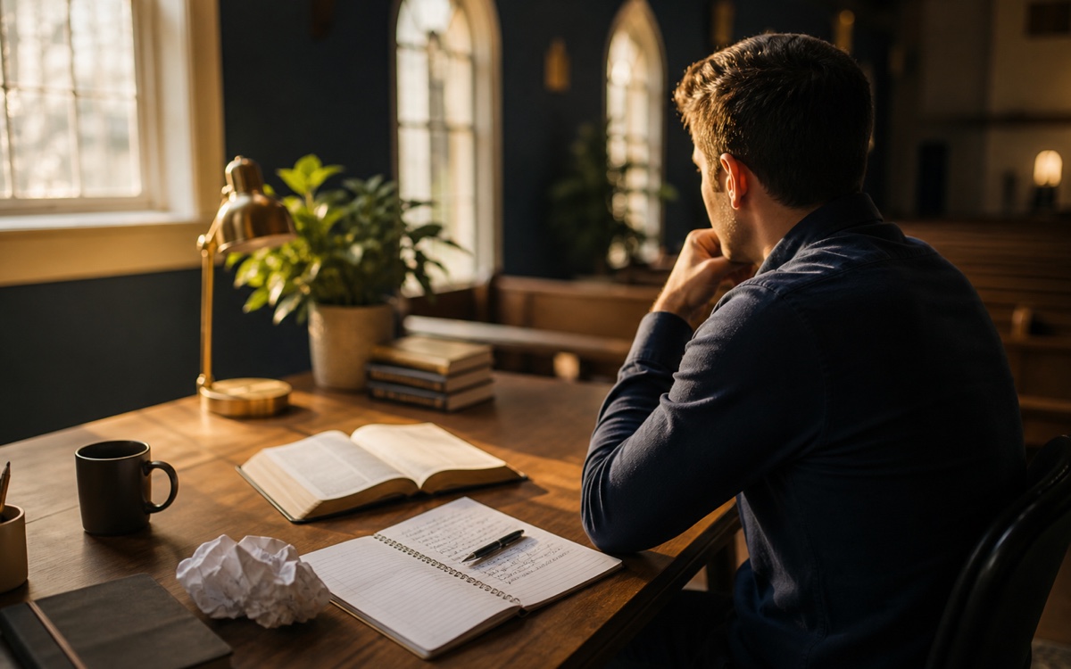 A pastor pauses over an open Bible and sermon notes in a quiet church study