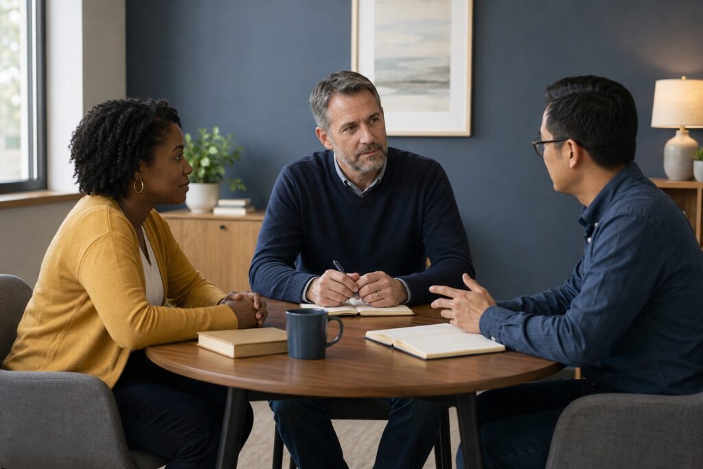 A pastor listens as two church volunteers discuss a disagreement